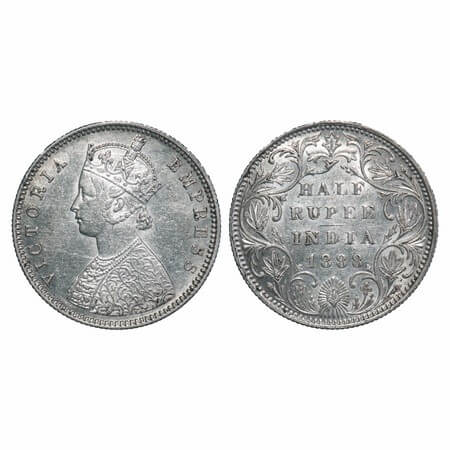 Victoria Empress, Silver, Half Rupee, 1888, Bombay Mint, A/II(i), 'B' raised. F. Prid 298.