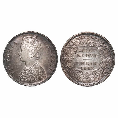 Victoria Empress, Silver, Half Rupee, 1888, Calcutta Mint, A/I, 'C' Incused. F. Prid 272. 