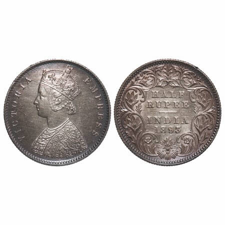 Victoria Empress, Silver, Half Rupee, 1893, Calcutta Mint, A/I, 'C' incused. F. Prid 277. 