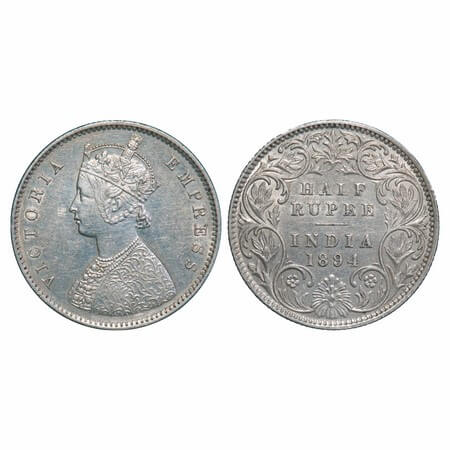 Victoria Empress, Silver, Half Rupee, 1894, Bombay Mint, A/I, 'B' incused. F. Prid 304. GK