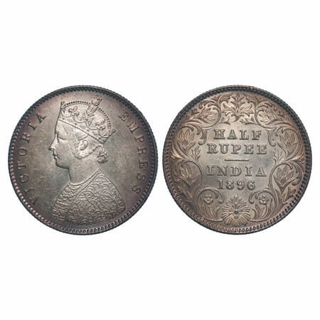 Victoria Empress, Silver, Half Rupee, 1896, Calcutta Mint, A/I, 'C' incused. F. Prid 279. 