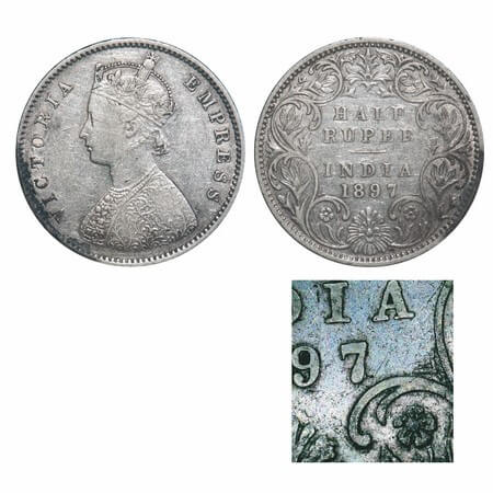 Victoria Empress, Silver, Half Rupee, 1897, Bombay Mint, A/I, 'B' incused, Traces of numer