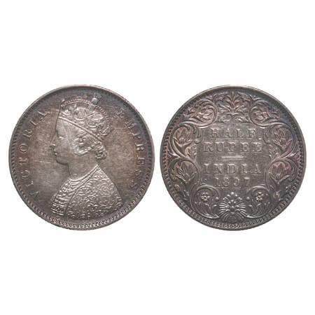 Victoria Empress, Silver, Half Rupee, 1897, Bombay Mint, A/I, 'B' incused, Ghost on Rev. F