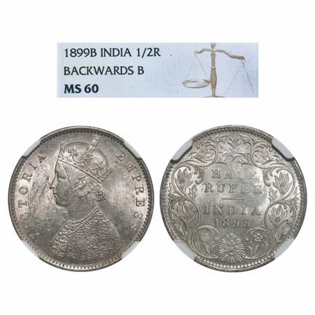Victoria Empress, Silver, Half Rupee, 1899, Bombay Mint, A/I, 'B' incused, B incused inver
