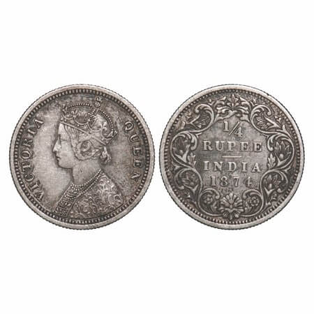 Victoria Queen, Silver, 1/4 Rupee, 1874, Bombay Mint, A/I, Dot. F. Prid 405. GK 664. Very