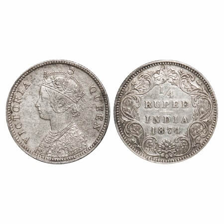 Victoria Queen, Silver, 1/4 Rupee, 1874, Calcutta Mint, A/I, No mint mark, No 'C', Mechani