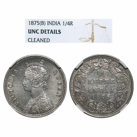 Victoria Queen, Silver, 1/4 Rupee, 1875, Bombay Mint, A/I, No dot. F. Prid 406. GK 666. NG