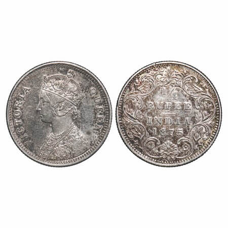 Victoria Queen, Silver, 1/4 Rupee, 1875, Bombay Mint, A/I, No dot. F. Prid 406. GK 666. Ex
