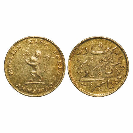 Madras Presidency, Gold 1/4th (Quarter) Ashrafi, 2.87g, (1819 AD Issue), Obv; Lion, Coat o