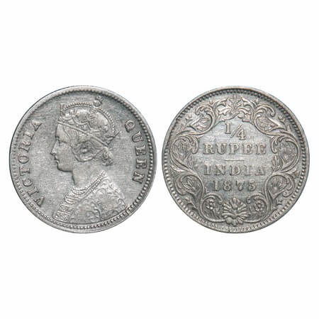 Victoria Queen, Silver, 1/4 Rupee, 1875, Calcutta Mint, A/I, No mint mark, No 'C'. F. Prid