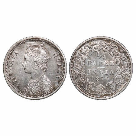 Victoria Queen, Silver, 1/4 Rupee, 1876, Bombay Mint, A/I, No dot. F. Prid 407. GK 668. Ex
