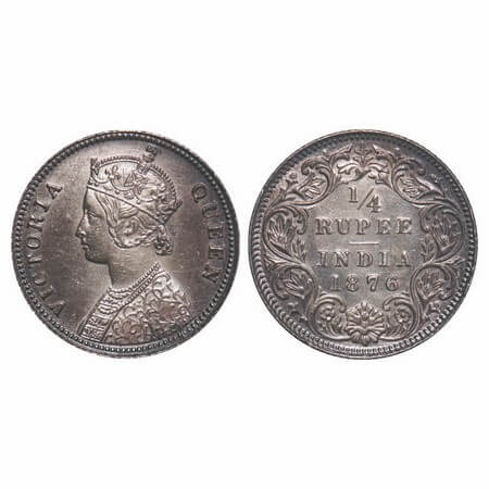 Victoria Queen, Silver, 1/4 Rupee, 1876, Calcutta Mint, A/I, No mint mark, No 'C', Die cra