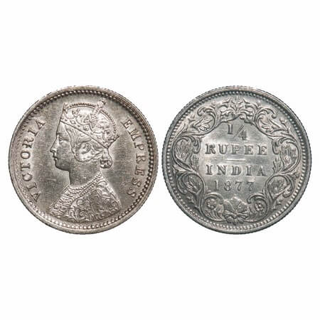 Victoria Empress, Silver, 1/4 Rupee, 1877, Bombay Mint, B/I, Dot. F. Prid 409. GK 671.Abou