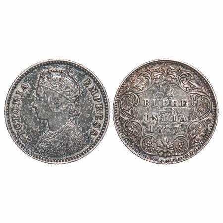 Victoria Empress, Silver, 1/4 Rupee, 1877, Calcutta Mint, B/I, No mint mark, No 'C'. F. Pr
