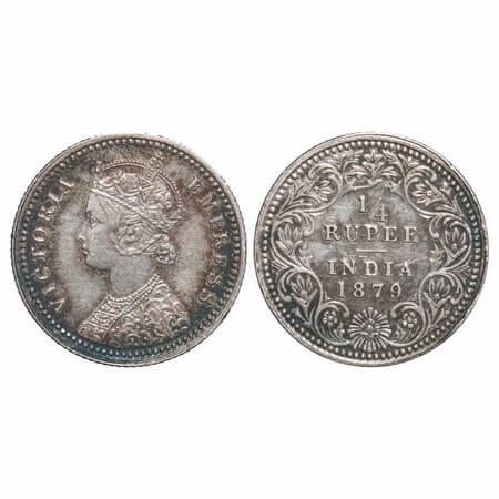 Victoria Empress, Silver, 1/4 Rupee, 1879, Calcutta Mint, C/II, 'C' incused. F. Prid. GK 6