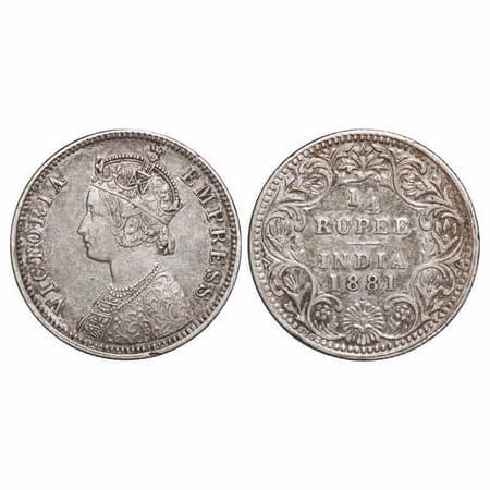 Victoria Empress, Silver, 1/4 Rupee, 1881, Bombay Mint, A/II, Dot. F. Prid 410. GK 676. Ex