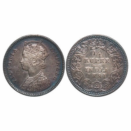 Victoria Empress, Silver, 1/4 Rupee, 1881, Bombay Mint, B/I, Dot, Ghost on Rev. F. Prid Un