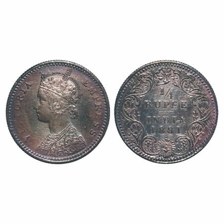 Victoria Empress, Silver, 1/4 Rupee, 1881, Bombay Mint, C/II, Dot. F. Prid Unlisted. GK 67