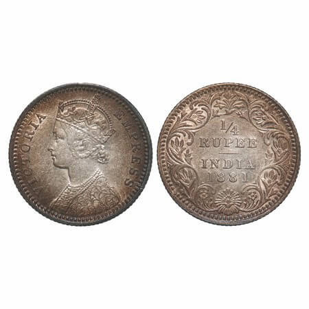 Victoria Empress, Silver, 1/4 Rupee, 1881, Calcutta Mint, C/II, 'C' incused. F. Prid 386. 