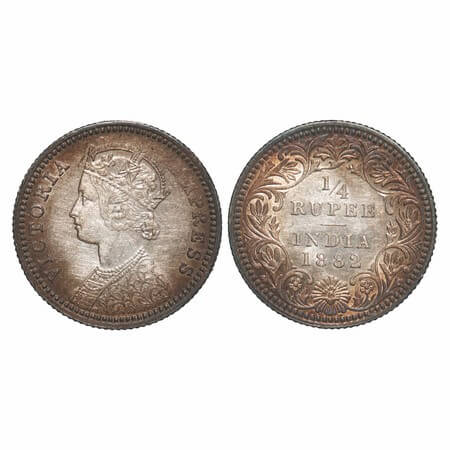 Victoria Empress, Silver, 1/4 Rupee, 1882, Calcutta Mint, C/II, 'C' incused. F. Prid 387. 