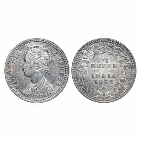 Victoria Empress, Silver, 1/4 Rupee, 1882, Calcutta Mint, C/II, 'C' incused. F. Prid 387. 