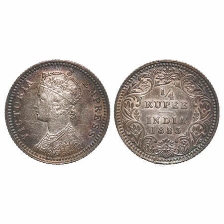 Victoria Empress, Silver, 1/4 Rupee, 1883, Calcutta Mint, C/II, 'C' incused. F. Prid 388. 