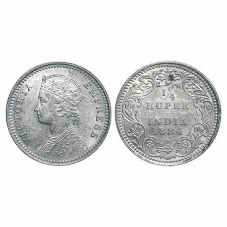 Victoria Empress, Silver, 1/4 Rupee, 1884, Calcutta Mint, C/II, 'C' incused. F. Prid Unlis