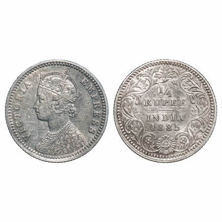 Victoria Empress, Silver, 1/4 Rupee, 1885, Calcutta Mint, C/II, 'C' incused. F. Prid 390. 