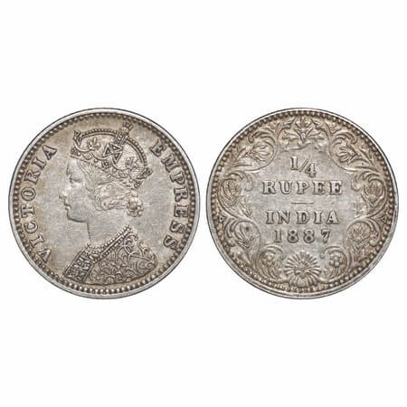 Victoria Empress, Silver, 1/4 Rupee, 1887, Bombay Mint, C(i)/II, 'B' raised. Inclined top 