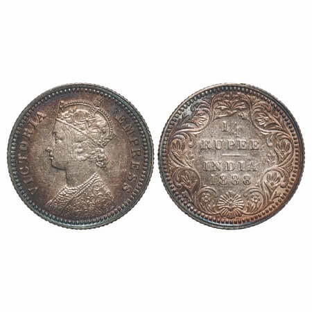 Victoria Empress, Silver, 1/4 Rupee, 1888, Calcutta Mint, C/II, No mint mark, No C. F. Pri