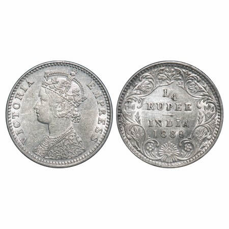 Victoria Empress, Silver, 1/4 Rupee, 1889, Bombay Mint, C(i)/II, 'B' incused. F. Prid 423.