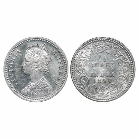 Victoria Empress, Silver, 1/4 Rupee, 1890, Calcutta Mint, C/II, 'C' incused. F. Prid 395. 