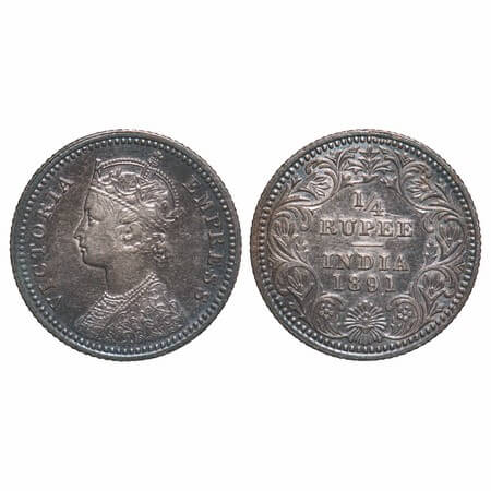 Victoria Empress, Silver, 1/4 Rupee, 1891, Calcutta Mint, C/II, 'C' incused. F. Prid 396. 