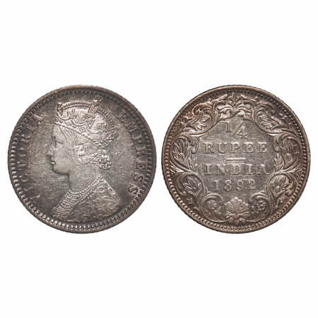 Victoria Empress, Silver, 1/4 Rupee, 1892, Bombay Mint, C(i)/I, 'B' incused. F. Prid 426. 
