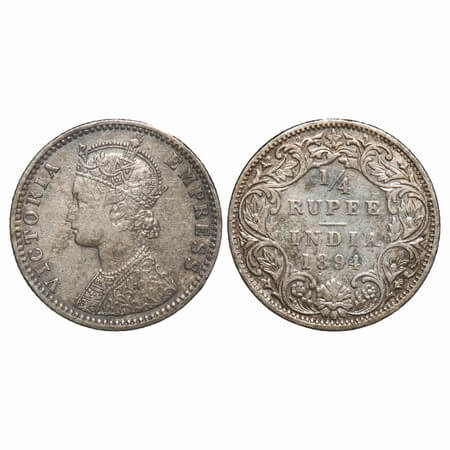 Victoria Empress, Silver, 1/4 Rupee, 1894, Bombay Mint, C(i)/I, 'B' incused. F. Prid 428. 