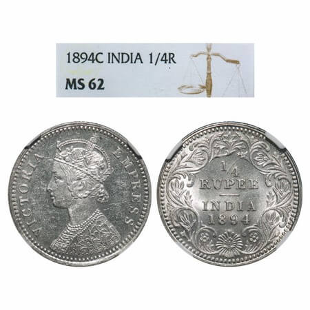 Victoria Empress, Silver, 1/4 Rupee, 1894, Calcutta Mint, C/II, 'C' incused. F. Prid 399. 