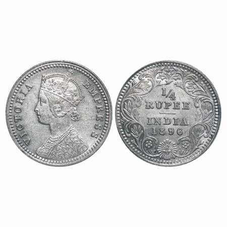 Victoria Empress, Silver, 1/4 Rupee, 1896, Calcutta Mint, C/II, 'C' incused. F. Prid 400. 