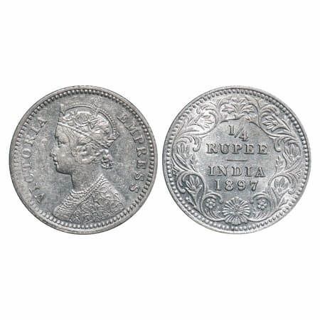 Victoria Empress, Silver, 1/4 Rupee, 1897, Calcutta Mint, C/II, 'C' incused. F. Prid 401. 