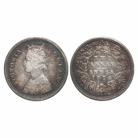 Victoria Queen, Silver, 2 Annas, 1874, Bombay Mint, A/I, No mint mark, No dot. F. Prid Unl