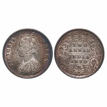 Victoria Queen, Silver, 2 Annas, 1875, Calcutta Mint, A/I, No mint mark. F. Prid 489. GK 7
