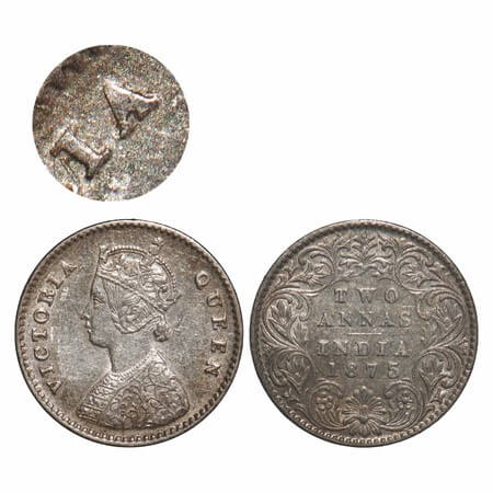 Victoria Queen, Silver, 2 Annas, 1875, Calcutta Mint, A/I, No mint mark, Alphabate 'A' in 