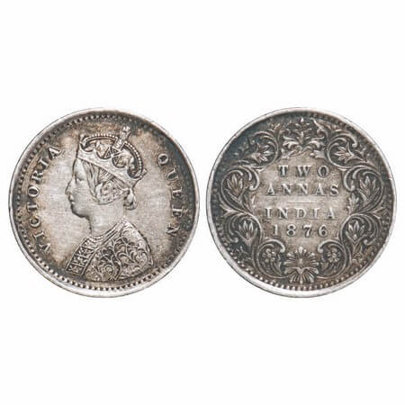 Victoria Queen, Silver, 2 Annas, 1876, Bombay Mint, A/I, No mint mark, No dot. F. Prid 518