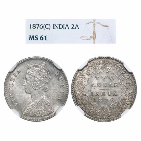 Victoria Queen, Silver, 2 Annas, 1876, Calcutta Mint, A/I, No mint mark. F. Prid 490. GK 7