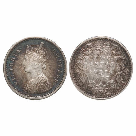 Victoria Empress, Silver, 2 Annas, 1877, Bombay Mint, A/I, Dot. F. Prid 520. GK 746. Extre
