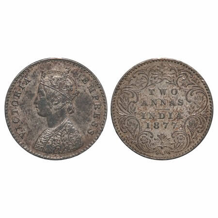 Victoria Empress, Silver, 2 Annas, 1877, Calcutta Mint, A/I, No mint mark. F. Prid 491. GK