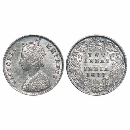Victoria Empress, Silver, 2 Annas, 1877, Calcutta Mint, A/I, No mint mark. F. Prid 491. GK