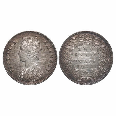 Victoria Empress, Silver, 2 Annas, 1877, Calcutta Mint, A/I, No mint mark. F. Prid 491. GK