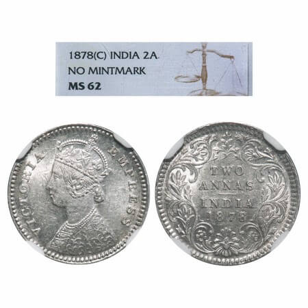 Victoria Empress, Silver, 2 Annas, 1878, Calcutta Mint, B/II, No mint mark. F. Prid 493. G