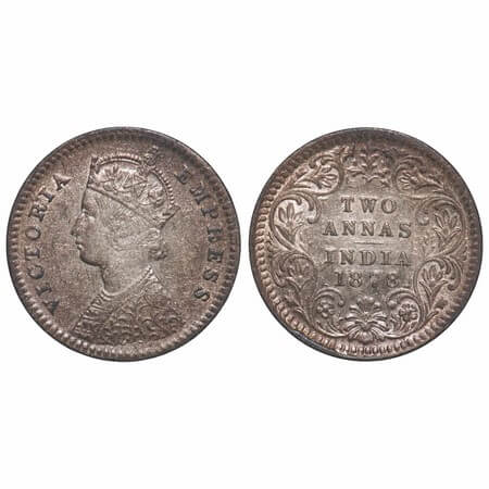 Victoria Empress, Silver, 2 Annas, 1878, Calcutta Mint, B/II, No mint mark. F. Prid 493. G