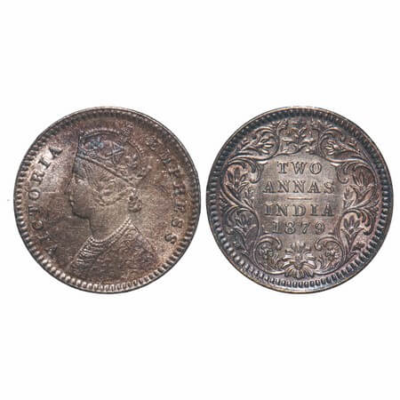 Victoria Empress, Silver, 2 Annas, 1879, Calcutta Mint, B/II, 'C' incused. F. Prid 494. GK